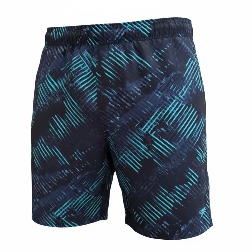 Speedo Tech Volley Men’s Black Blue Swim Shorts UPF Lined Size Medium 32/34